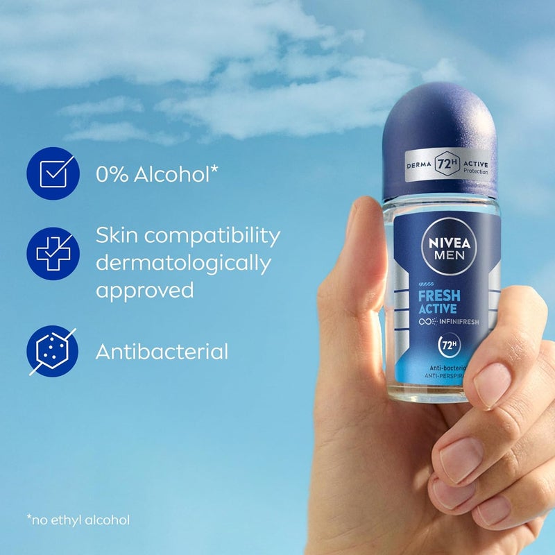 NIVEA MEN Antiperspirant Roll-on, 72h Protection, Fresh Active Scent, Pack of 3 (50ml each) - Image 3